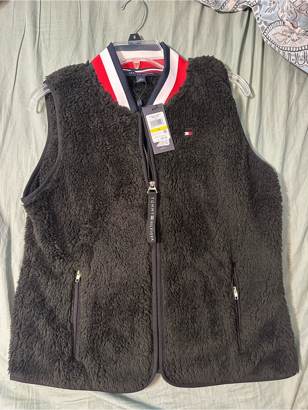 Tommy Hilfiger Black Sherpa Zip-Up Vest with Signature Trim